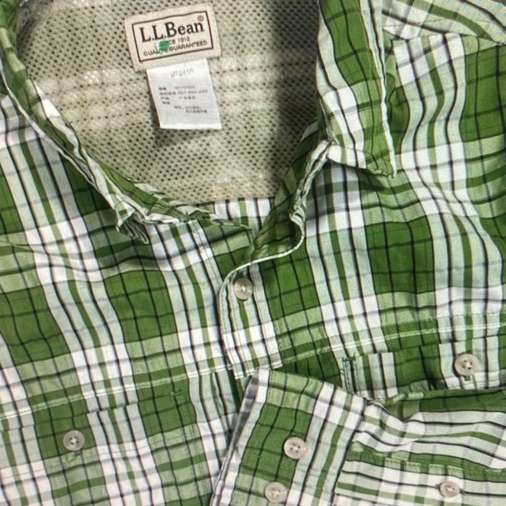 L.L. Bean Men's Green and White Plaid Shirt